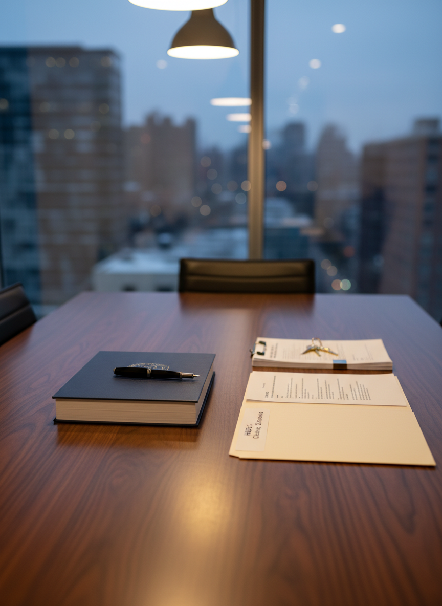 A tidy closing table set up in a minimalist conference room, with a thick, formal property closing packet stacked neatly on a dark walnut surface, beside a crisp manila folder labeled “HUD-1 / Closing Disclosure” and a shiny black-and-chrome fountain pen resting diagonally across the top page. A small stack of real estate documents secured by a metal binder clip sits near a simple keyring with two new brass house keys. Overhead, soft, warm pendant lighting casts realistic, diffused illumination, creating gentle highlights on the polished wood and metal accents. Photographic realism, shot from a slightly elevated, centered composition with sharp focus across the table. The background shows a blurred glass wall and a hint of city lights, creating a professional, decisive atmosphere that suggests the final stage of a successful flip.