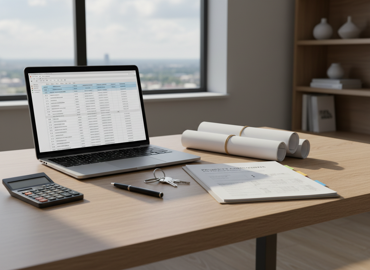 A clean, modern home office desk staged for a real estate investor, featuring an open silver laptop displaying a renovation budget spreadsheet beside a neat stack of blueprints and a thick, tabbed property analysis report. A set of house keys with a simple metal keychain rests on a smooth light oak desk surface, next to a black fine-tip pen and a small, minimalistic calculator. Soft natural daylight from an unseen window washes in from the left, creating gentle, realistic shadows and subtle reflections on the laptop and desk. Photographic realism, shot at eye level with a shallow depth of field, keeping the documents and keys in crisp focus while the background melts into a soft bokeh of neutral-toned shelving and a blurred cityscape, evoking a professional, organized, execution-focused atmosphere.