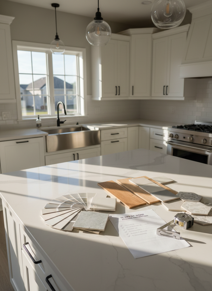 A bright, renovated kitchen in a flipped house, showcasing gleaming white shaker cabinets with matte black hardware, a subtle veined quartz countertop, and a large stainless-steel farmhouse sink under a wide window. On the island, neatly arranged finish samples—paint chips, floor planks, and tile pieces—fan out beside a detailed printed scope-of-work checklist and a tape measure. Afternoon natural light pours through the window, casting crisp, realistic shadows and creating a clean, inviting glow on the counters. Photographic realism, composed from a slightly elevated angle, with sharp focus on the samples and list while the rest of the kitchen remains clear but less dominant. The mood is confident and professional, emphasizing smart design decisions and attention to detail in a successful flip.